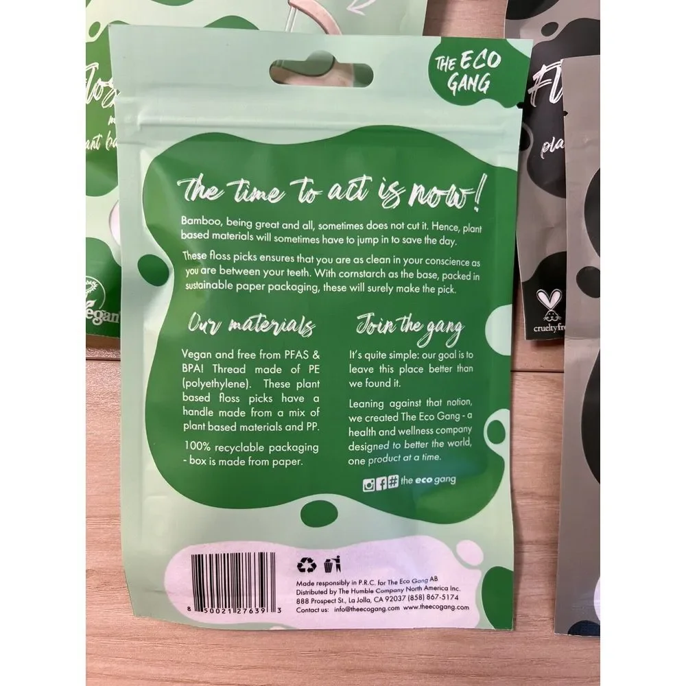 4 PACKS- The Eco Gang Floss Picks 40 PC Ea, Mint Charcoal Double Threaded Plant‎